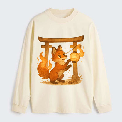 Foxfire kitsune stringing lanterns along a torii gate with tails of - Classic Long Sleeve Shirt - Beige