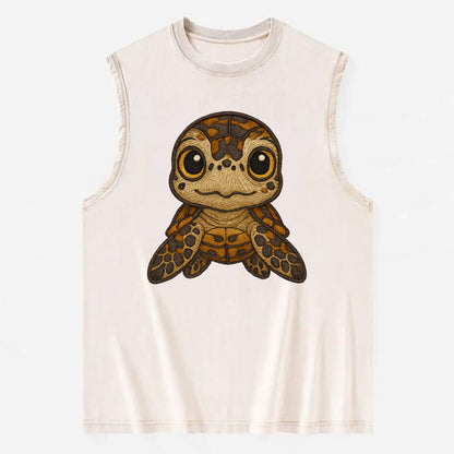 Baby Hawksbill Turtle - amber and brown shell pattern, curious golden eyes, - Vintage Washed Tank - Beige