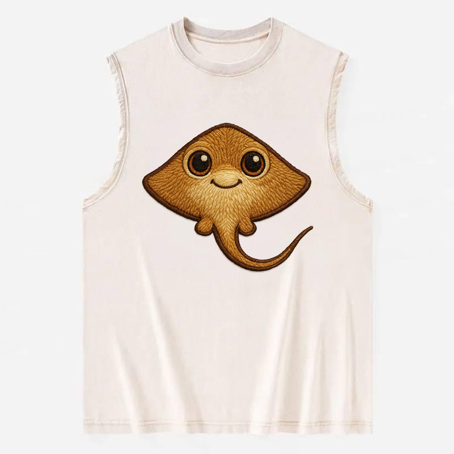 Baby Stingray - flat body, long tail, eyes on top, front-facing, friendly - Vintage Washed Tank - Beige