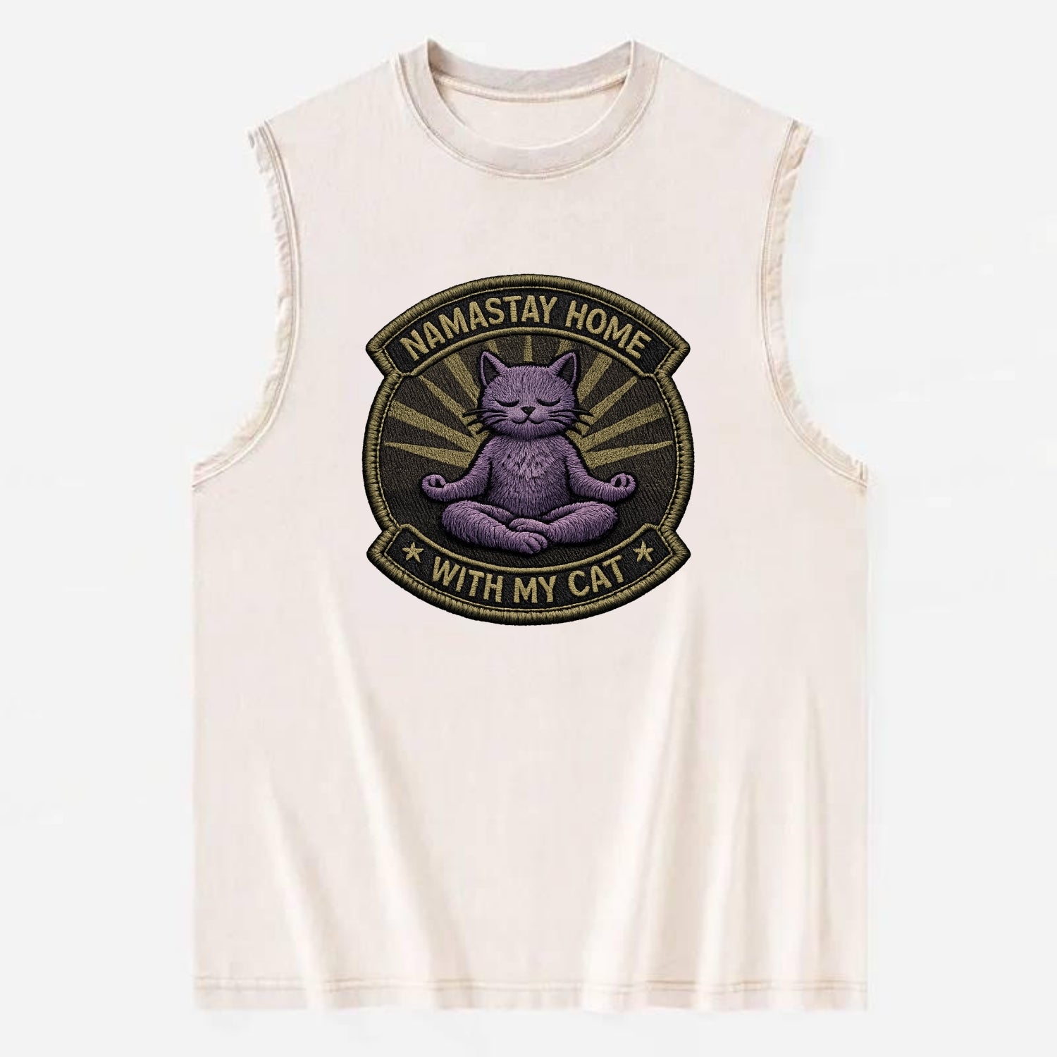 NAMASTAY HOME WITH MY CAT - yoga cat in purple , introvert cat - Vintage Washed Tank - Beige