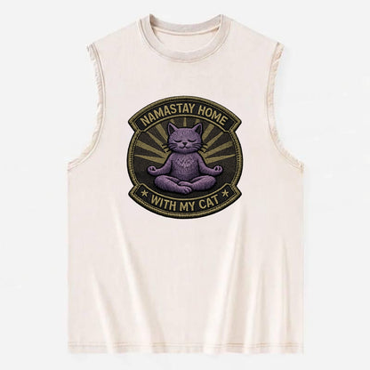 NAMASTAY HOME WITH MY CAT - yoga cat in purple , introvert cat - Vintage Washed Tank - Beige