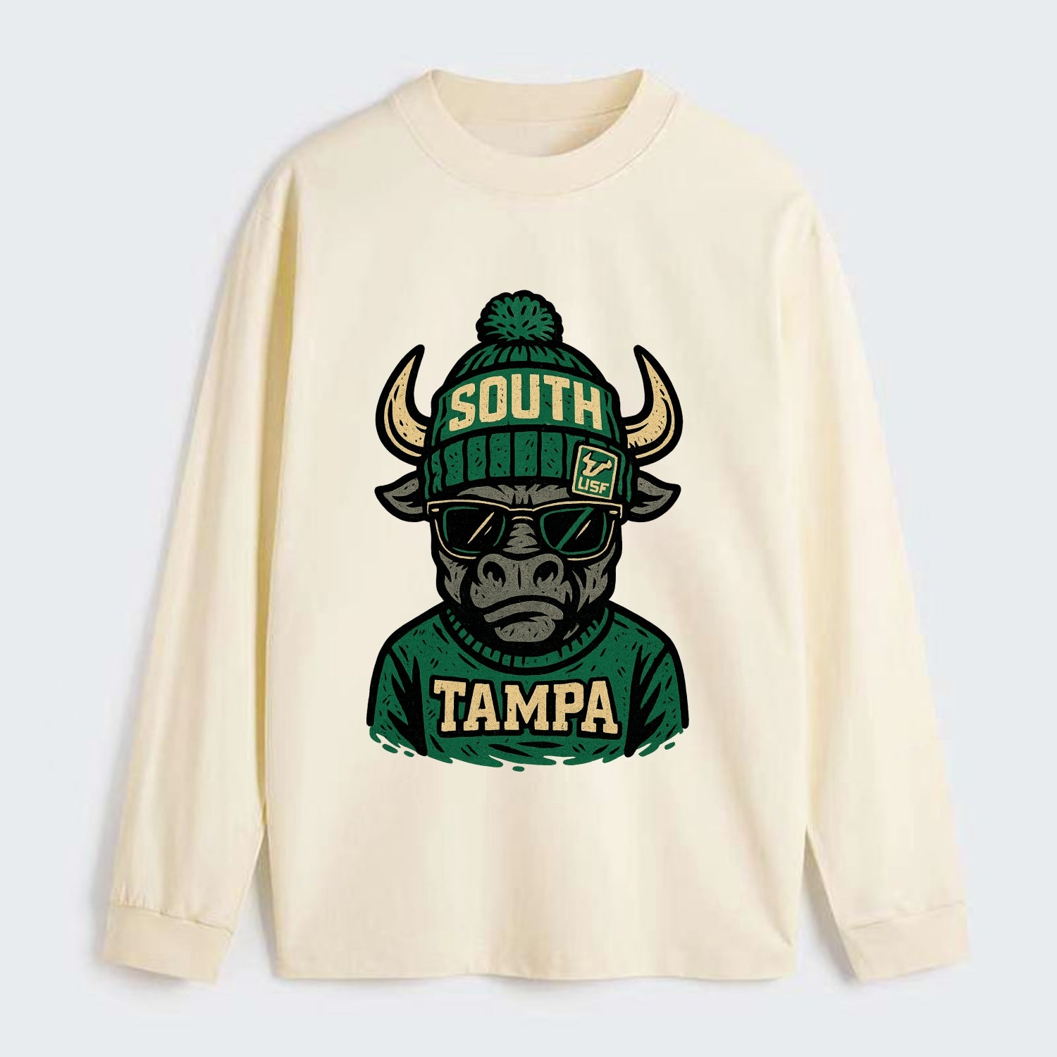 Tampa Bull wearing South Florida beanie with USF patch - Classic Long Sleeve Shirt - Beige