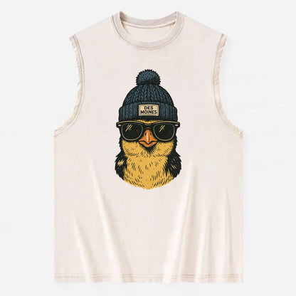 Iowa Goldfinch wearing Des Moines beanie with pom pom and wayfarer sunglasses - Vintage Washed Tank - Beige