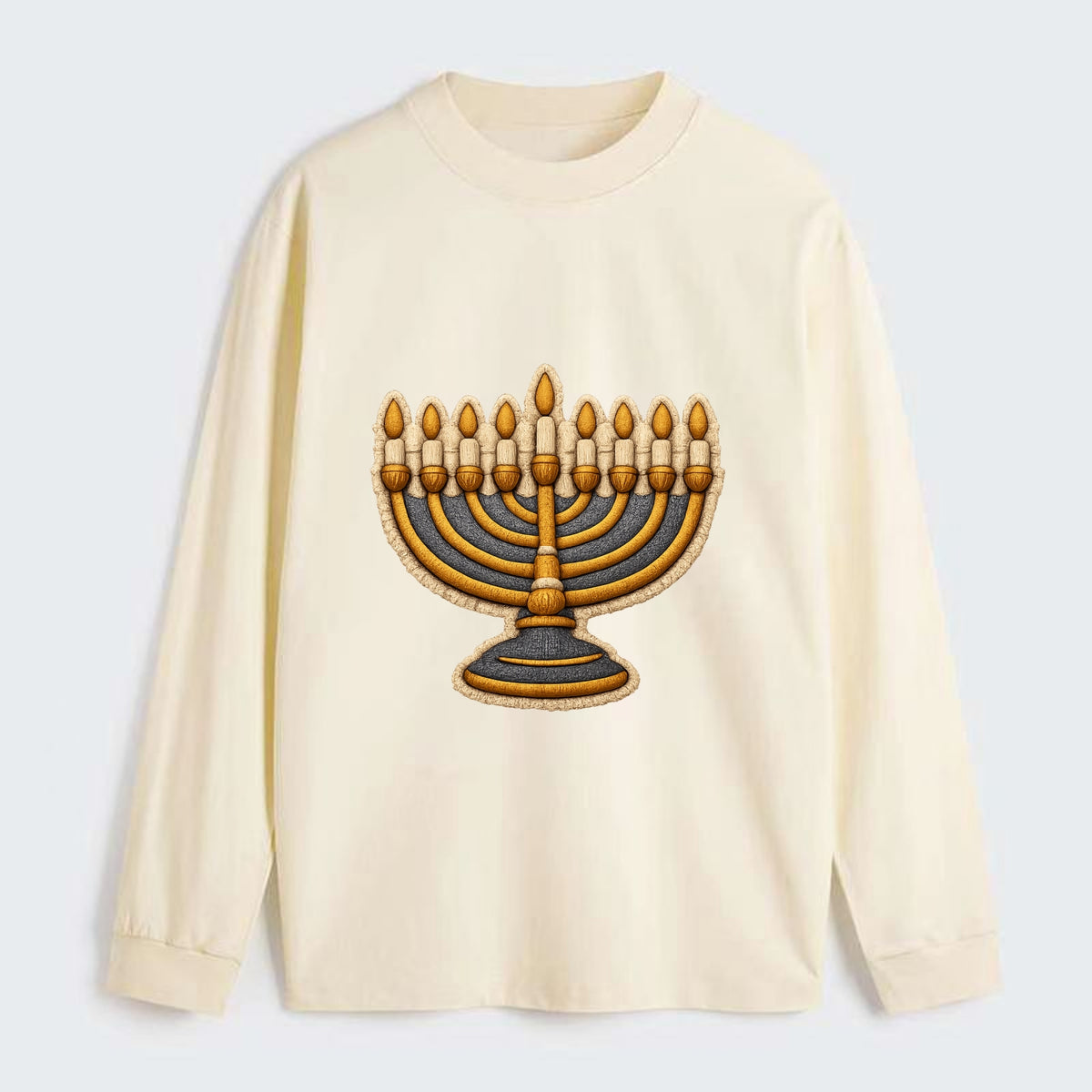 MENORAH LIGHTS - nine branch candelabra in gold and blue , Hanukkah - Classic Long Sleeve Shirt - Beige