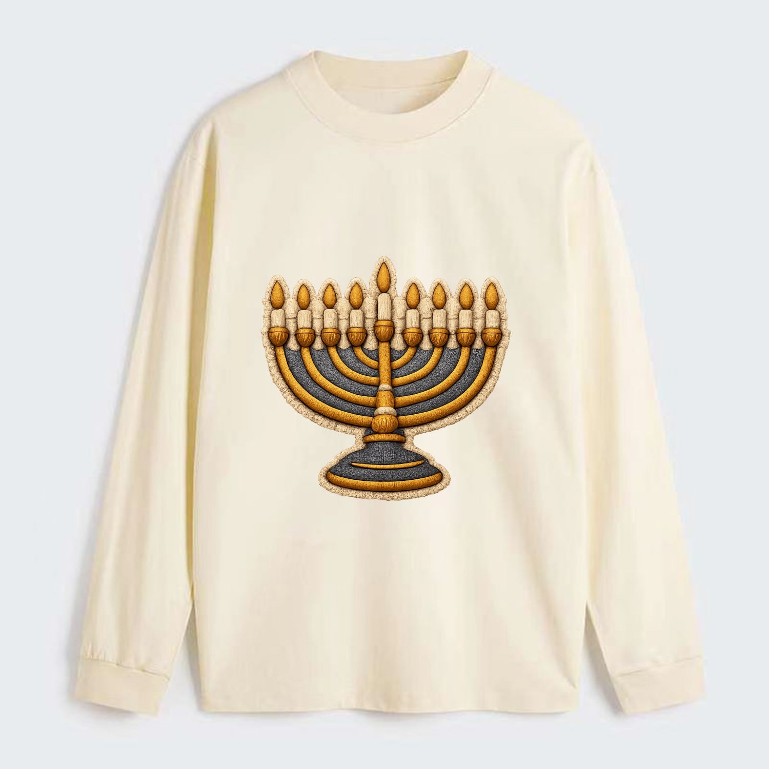 MENORAH LIGHTS - nine branch candelabra in gold and blue , Hanukkah - Classic Long Sleeve Shirt - Beige