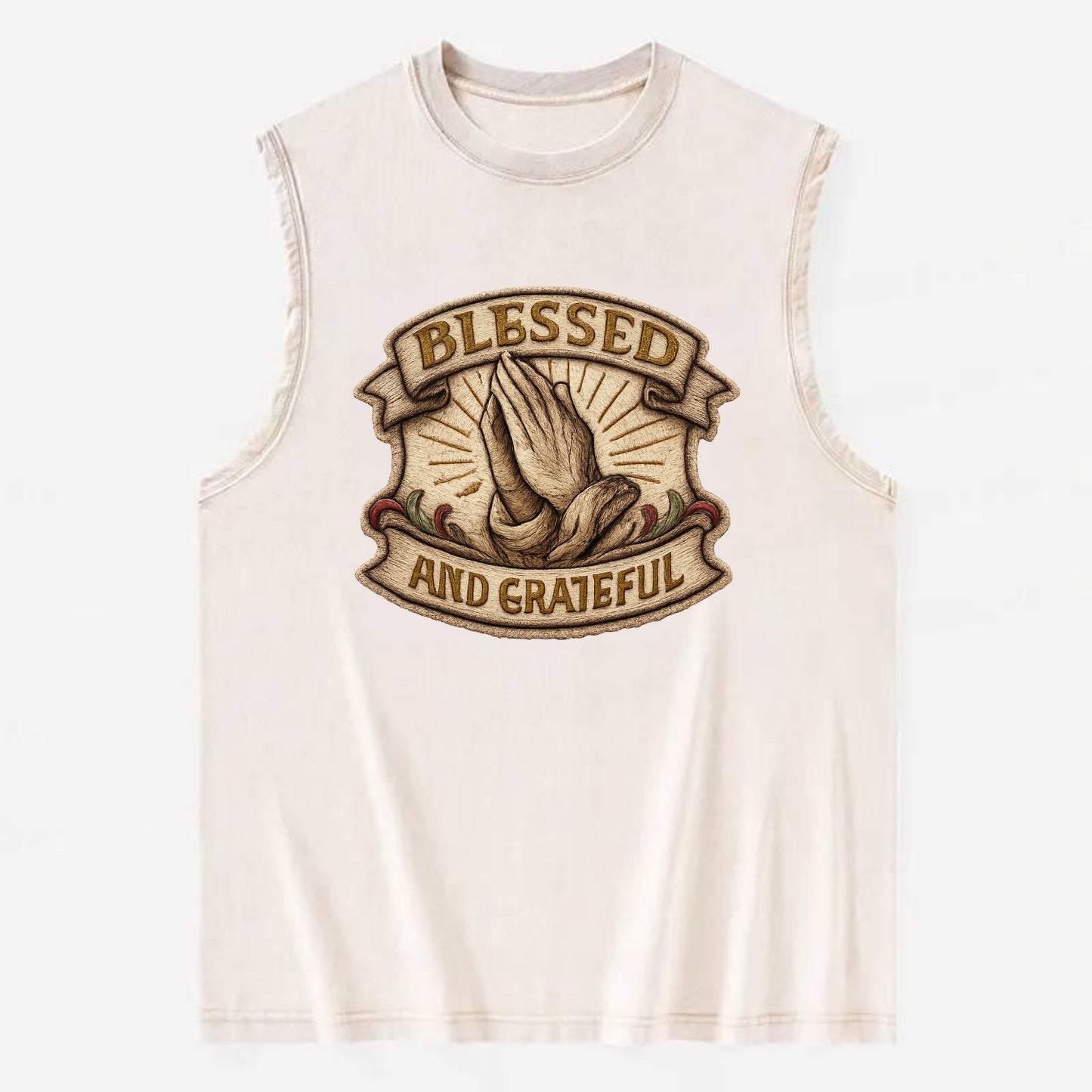 BLESSED AND GRATEFUL - praying hands with text in gold , thankful - Vintage Washed Tank - Beige