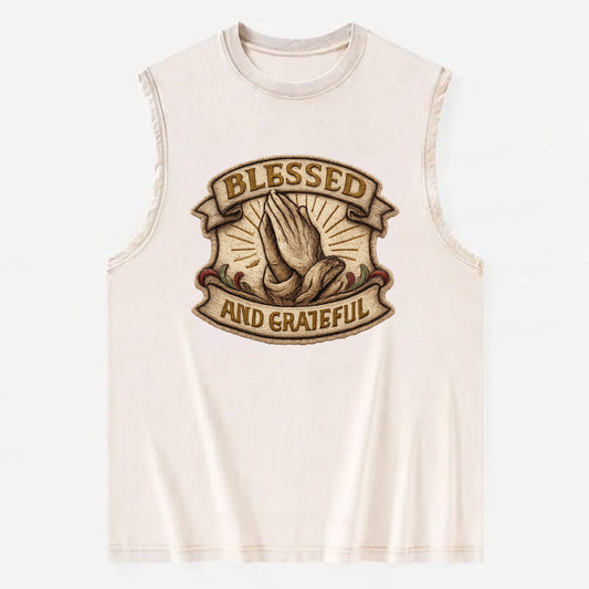 BLESSED AND GRATEFUL - praying hands with text in gold , thankful - Vintage Washed Tank - Beige