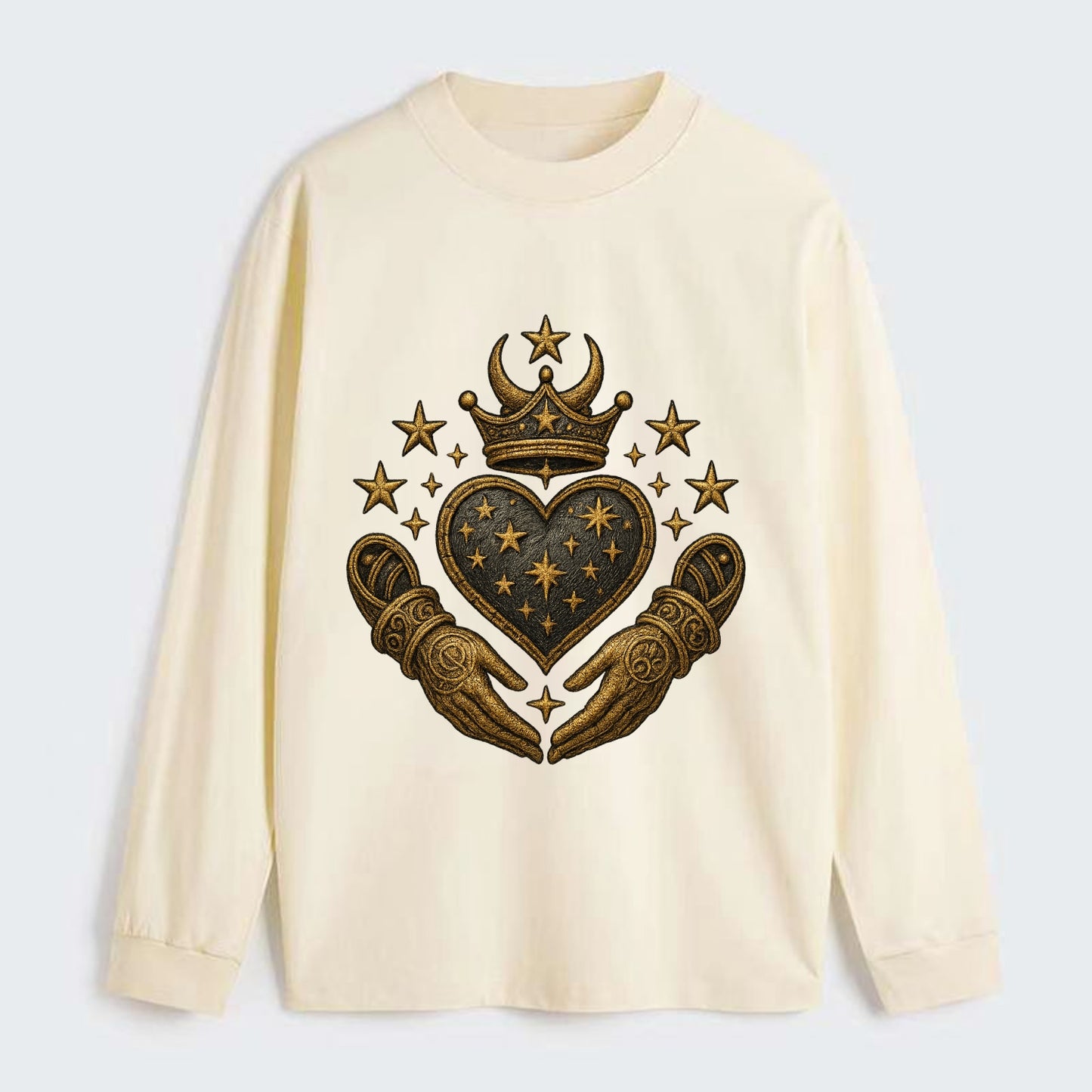 Weathered antique brass crown above a hammered gunmetal heart framed by - Classic Long Sleeve Shirt - Beige