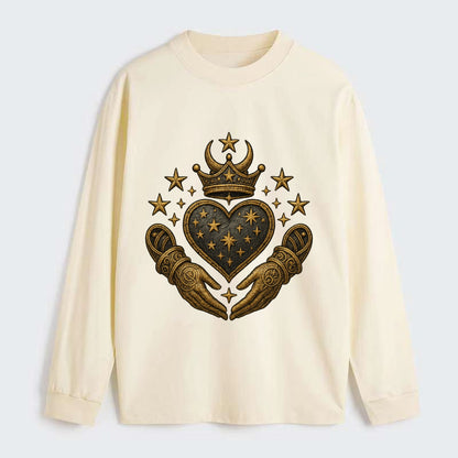 Weathered antique brass crown above a hammered gunmetal heart framed by - Classic Long Sleeve Shirt - Beige