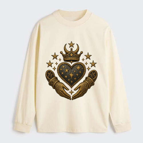 Weathered antique brass crown above a hammered gunmetal heart framed by - Classic Long Sleeve Shirt