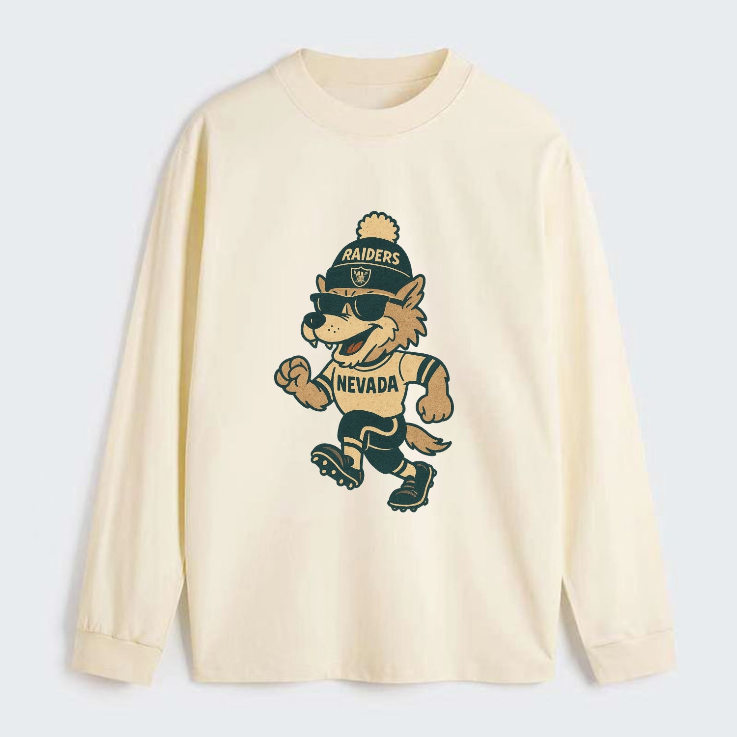 Nevada Wolf wearing Raiders beanie with outlaw patch and wayfarer - Classic Long Sleeve Shirt - Beige