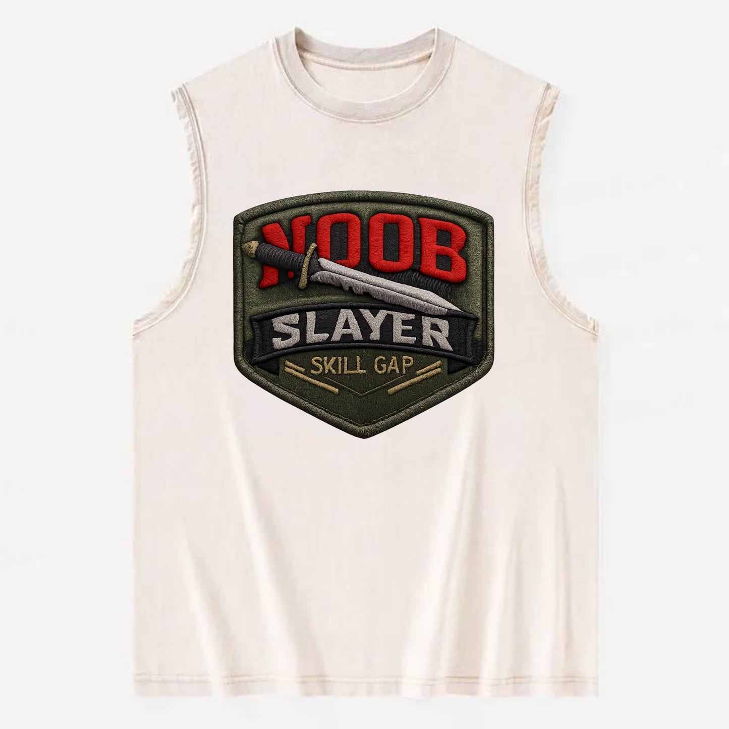 NOOB SLAYER - sword through noob text in red and silver , skill gap - Vintage Washed Tank - Beige