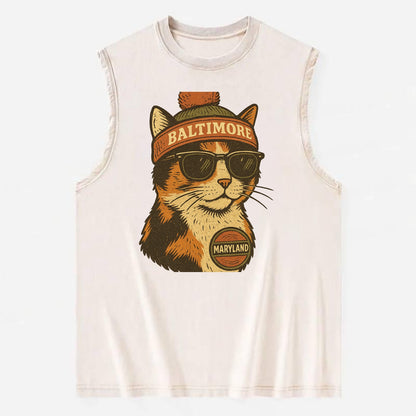 Maryland Calico Cat wearing Baltimore beanie with pom pom and wayfarer - Vintage Washed Tank - Beige