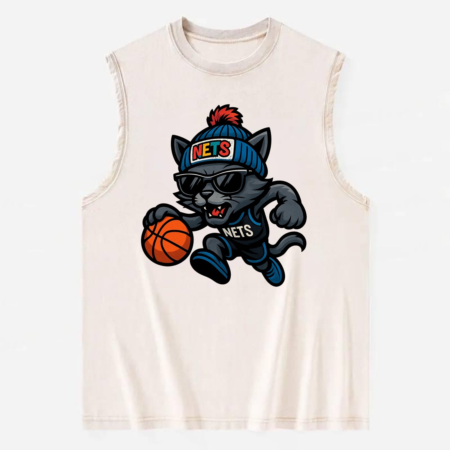 Brooklyn Cat wearing Nets beanie with street art patch and wayfarer sunglasses - Vintage Washed Tank - Beige