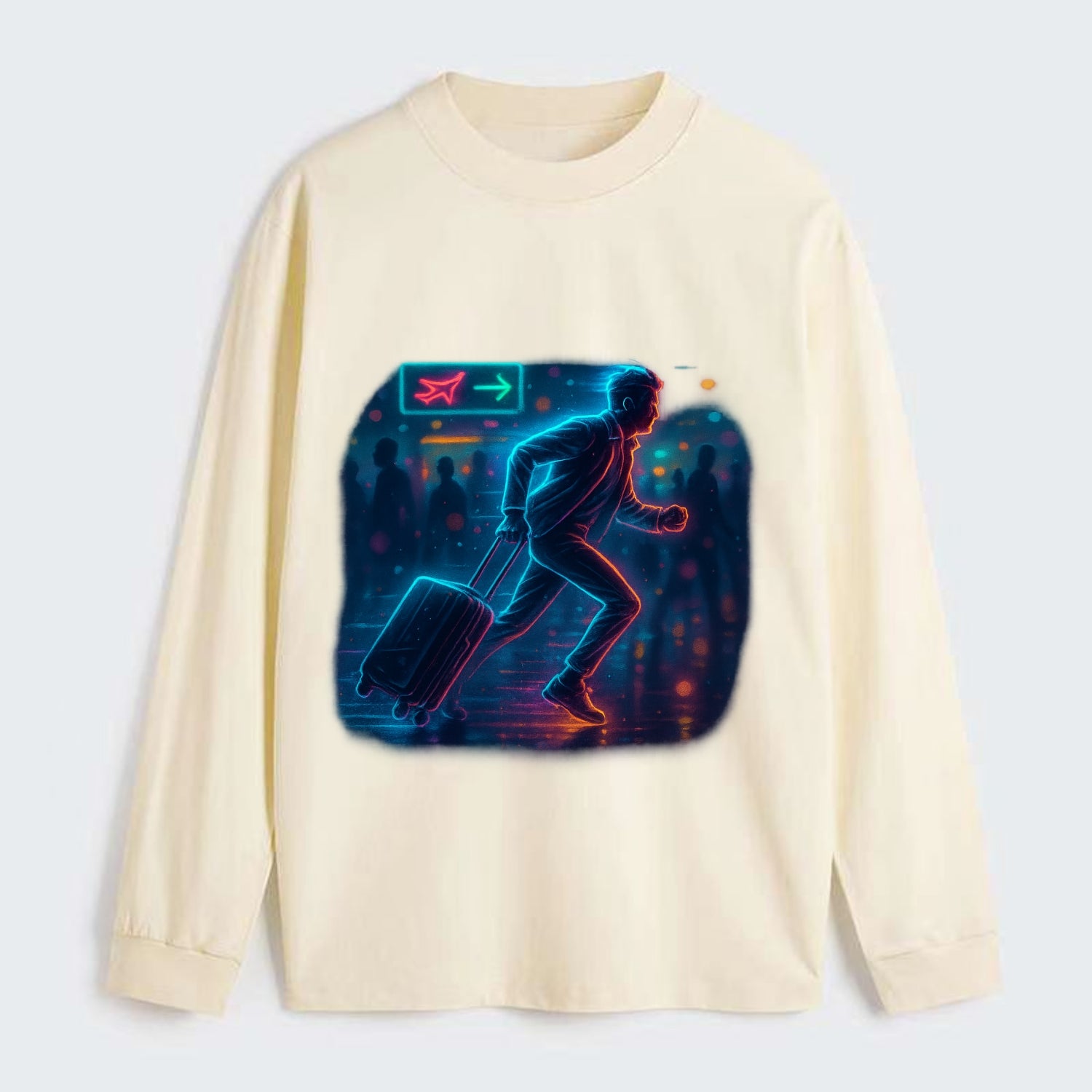 person running with luggage through crowded airport terminal - Classic Long Sleeve Shirt - Beige