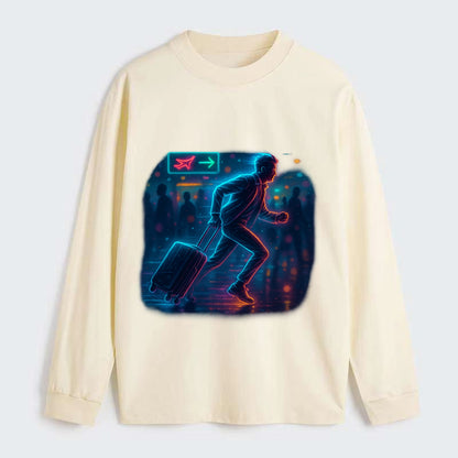 person running with luggage through crowded airport terminal - Classic Long Sleeve Shirt - Beige