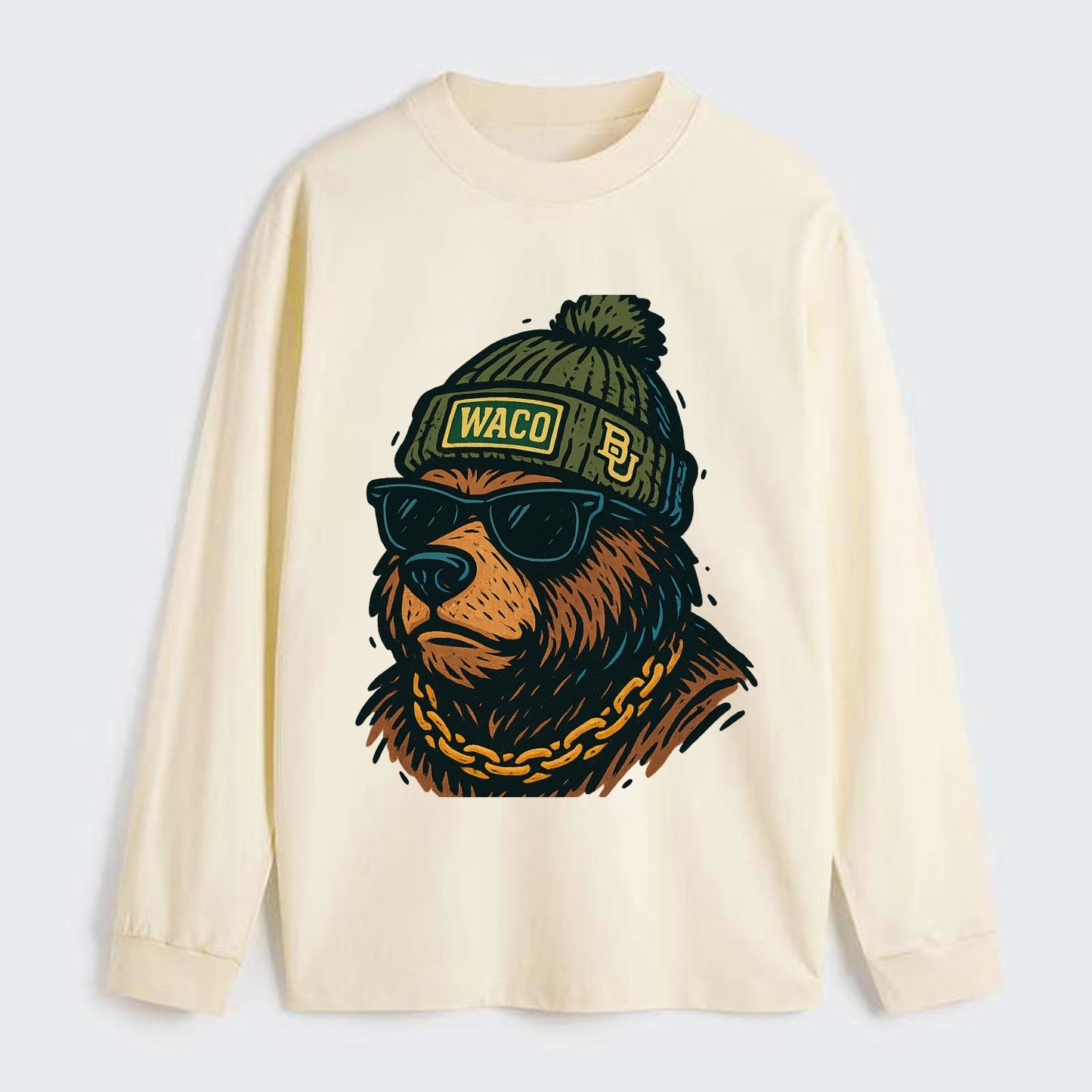 Waco Bear wearing Baylor beanie with BU patch - Classic Long Sleeve Shirt - Beige