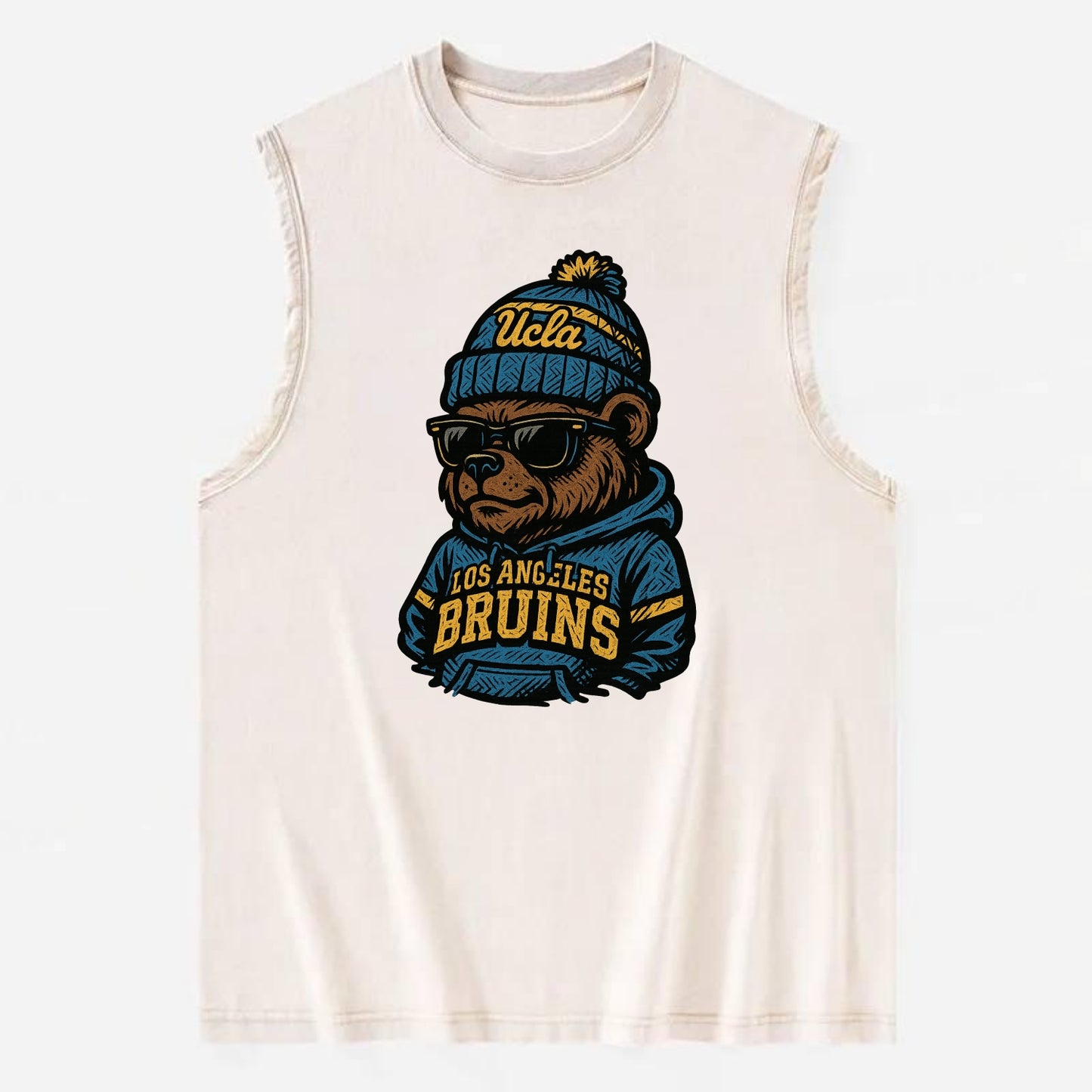 Los Angeles Bruin wearing UCLA beanie with script patch - Vintage Washed Tank - Beige