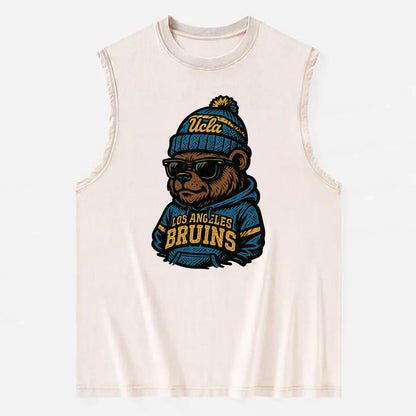 Los Angeles Bruin wearing UCLA beanie with script patch - Vintage Washed Tank - Beige