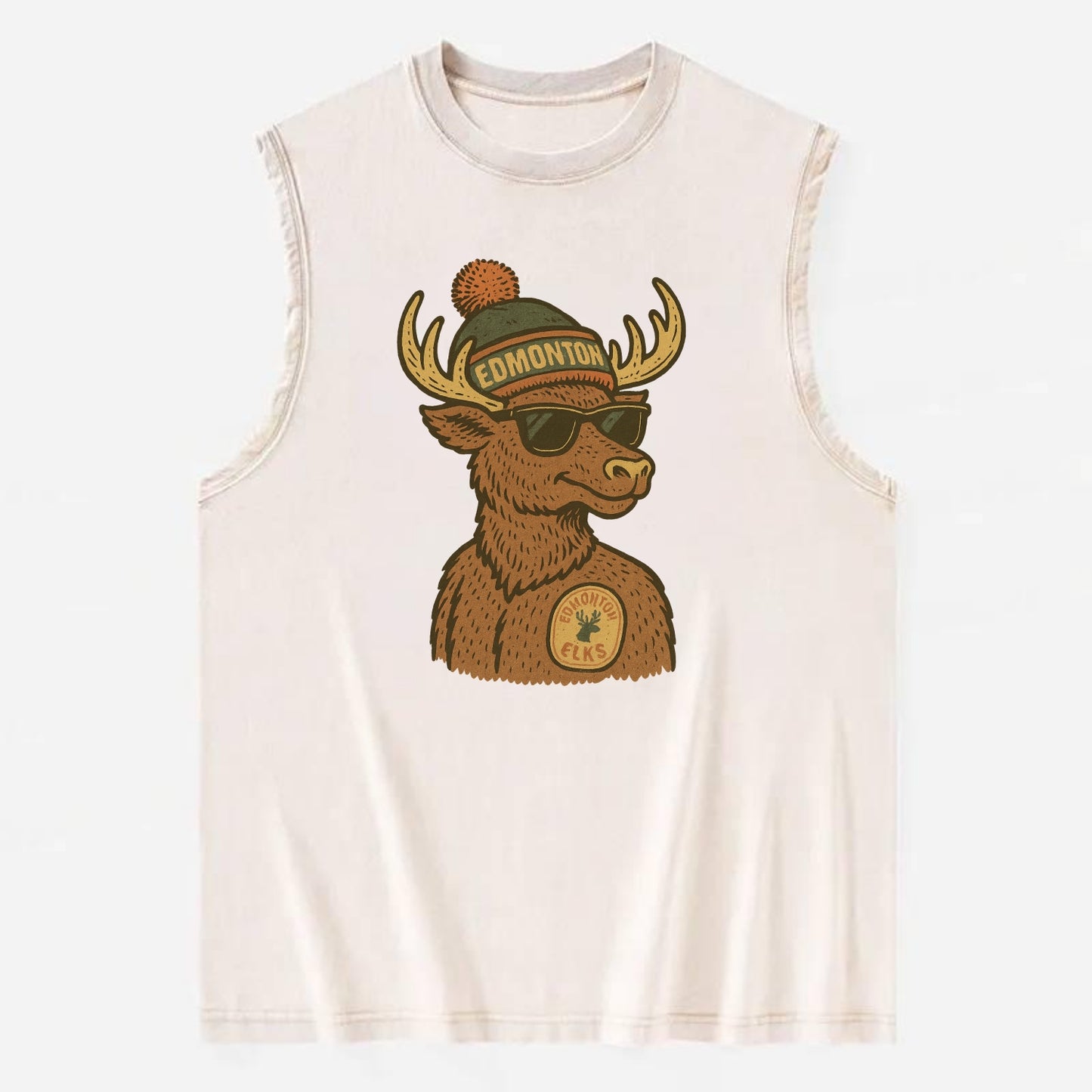 Edmonton Elk wearing Edmonton beanie with pom pom and wayfarer sunglasses - Vintage Washed Tank - Beige