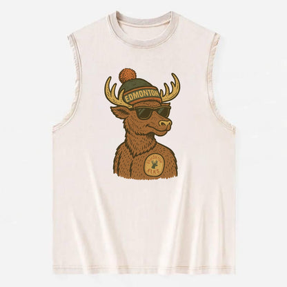 Edmonton Elk wearing Edmonton beanie with pom pom and wayfarer sunglasses - Vintage Washed Tank - Beige