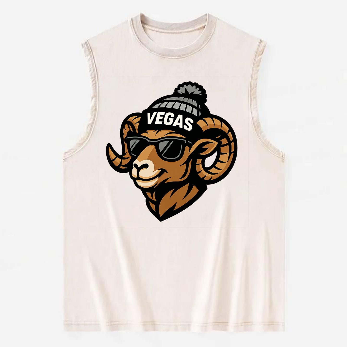 Vegas Desert Bighorn wearing Raiders silver and black beanie with pom pom and - Vintage Washed Tank - Beige