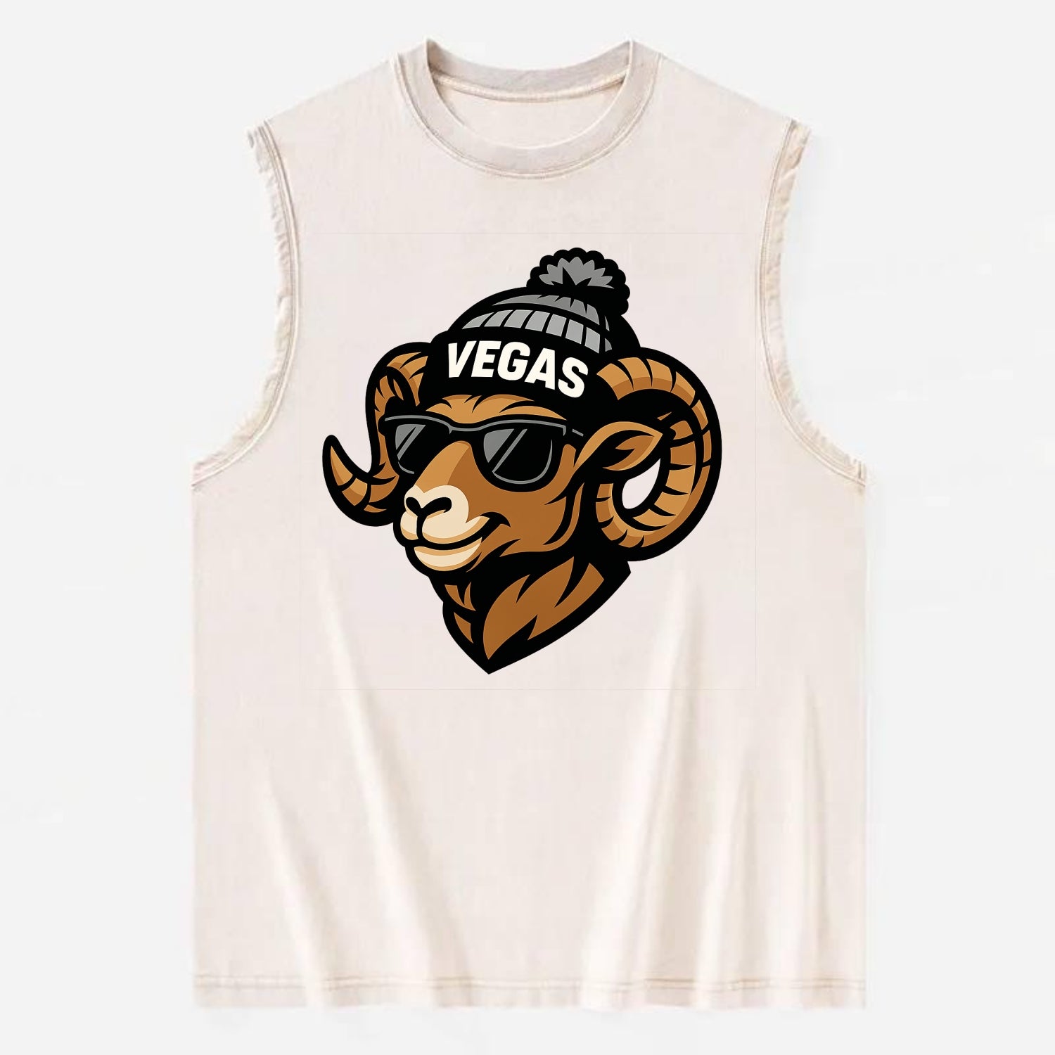 Vegas Desert Bighorn wearing Raiders silver and black beanie with pom pom and - Vintage Washed Tank - Beige