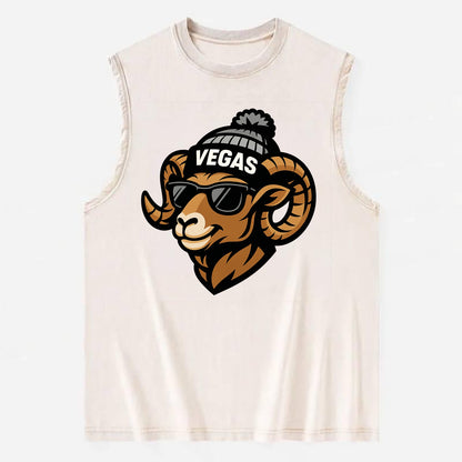 Vegas Desert Bighorn wearing Raiders silver and black beanie with pom pom and - Vintage Washed Tank - Beige