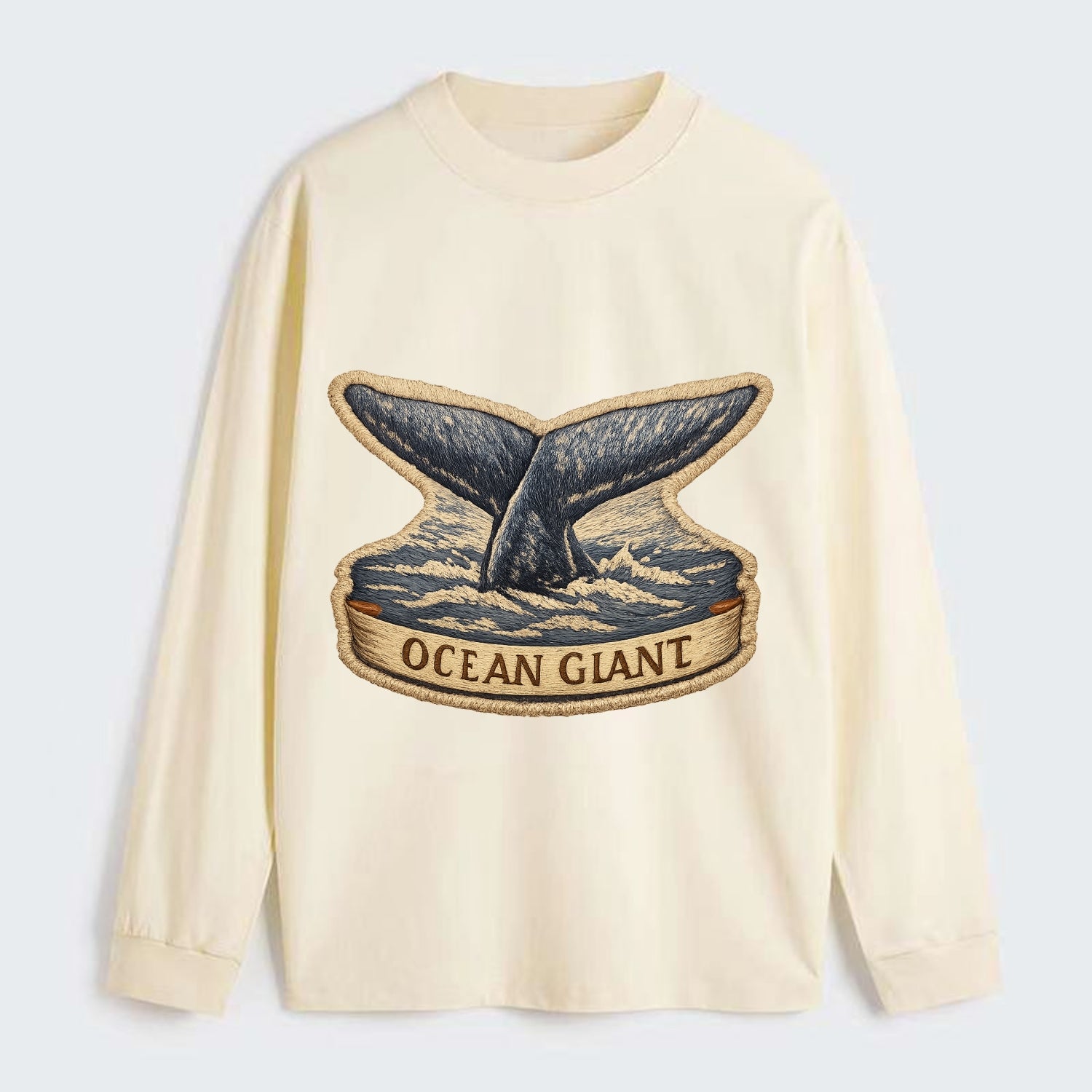 WHALE TAIL - diving whale in blue and gray , ocean giant - Classic Long Sleeve Shirt - Beige