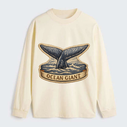 WHALE TAIL - diving whale in blue and gray , ocean giant - Classic Long Sleeve Shirt - Beige