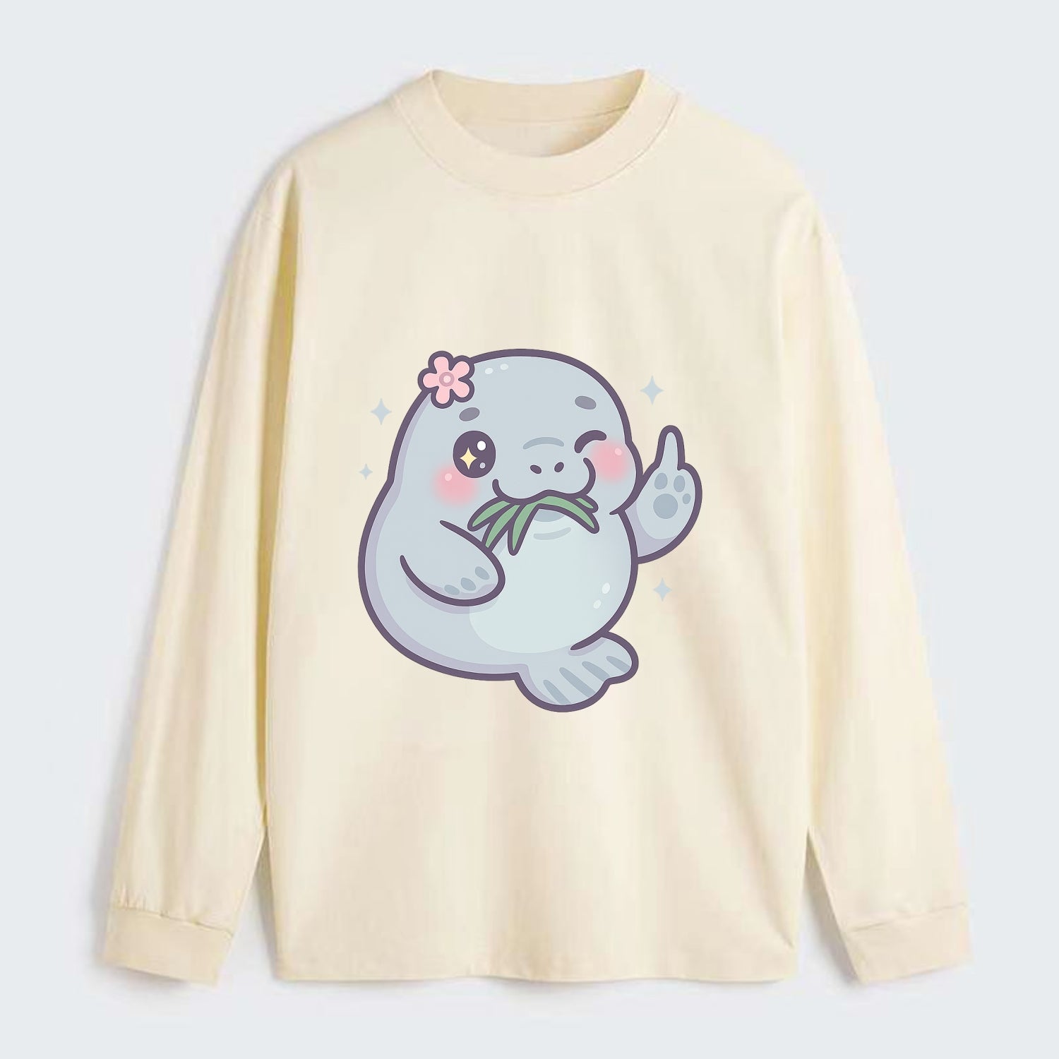 chubby manatee munching on seagrass, one flipper raised with sass - Classic Long Sleeve Shirt - Beige