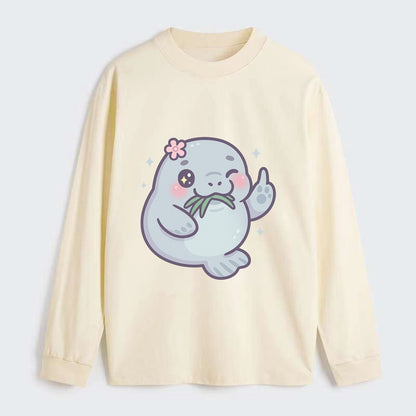 chubby manatee munching on seagrass, one flipper raised with sass - Classic Long Sleeve Shirt - Beige