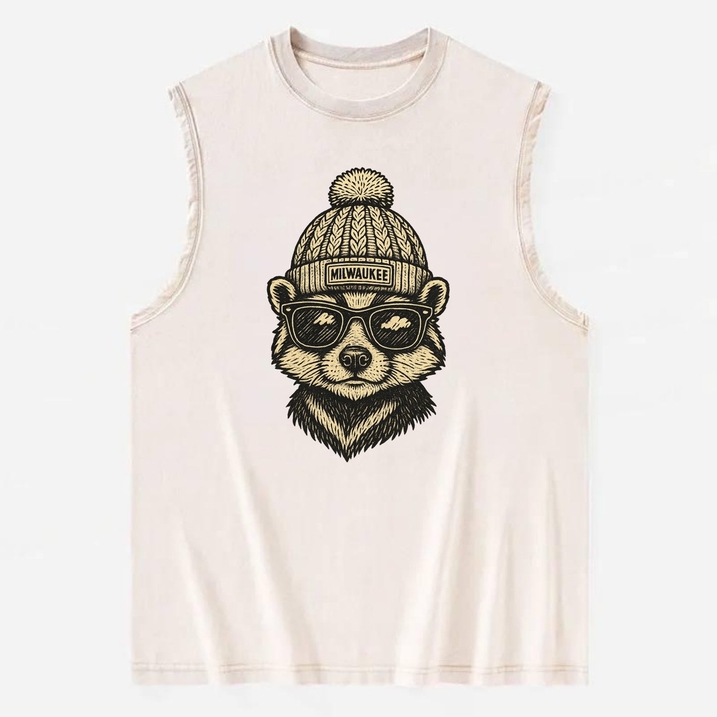 Wisconsin Badger wearing Milwaukee beanie with pom pom and wayfarer sunglasses - Vintage Washed Tank - Beige
