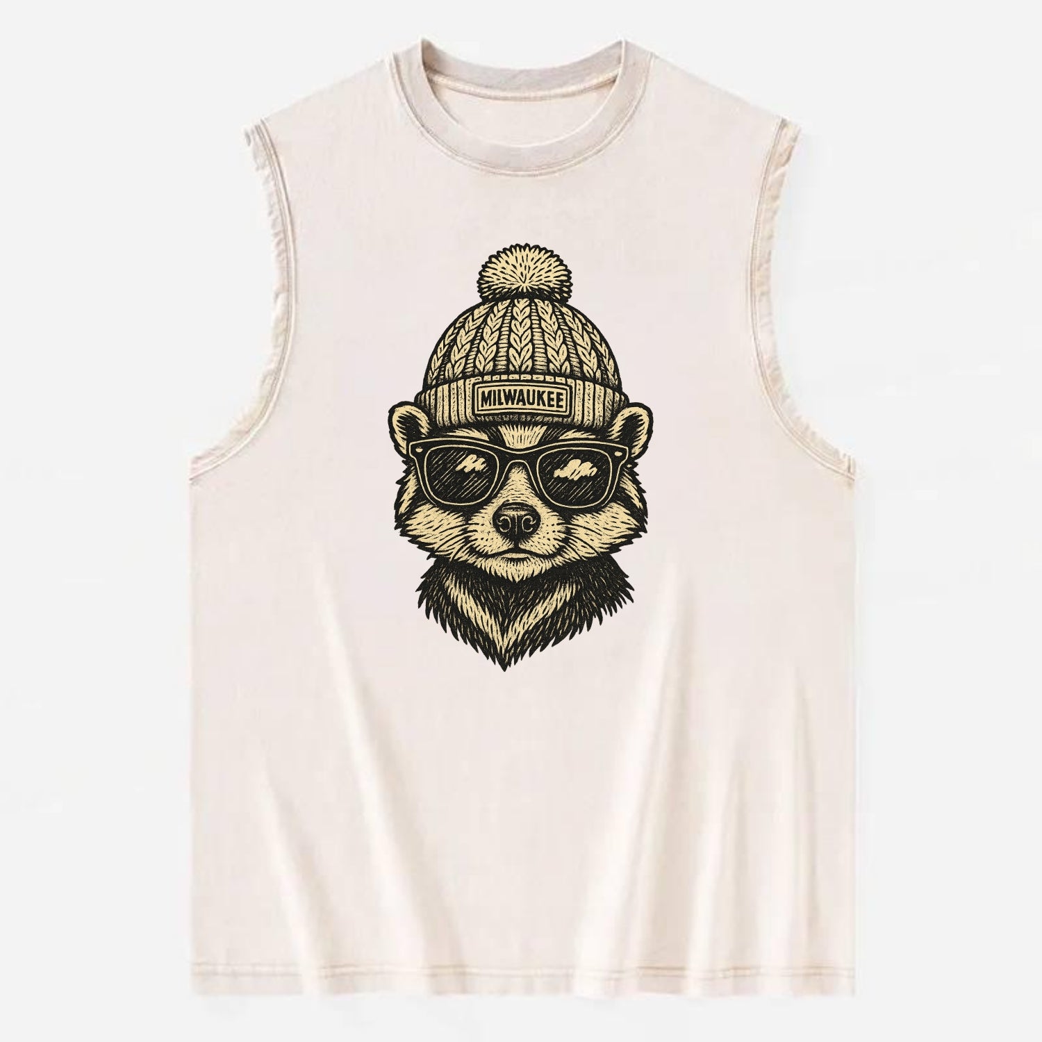 Wisconsin Badger wearing Milwaukee beanie with pom pom and wayfarer sunglasses - Vintage Washed Tank - Beige