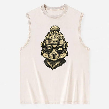 Wisconsin Badger wearing Milwaukee beanie with pom pom and wayfarer sunglasses - Vintage Washed Tank - Beige