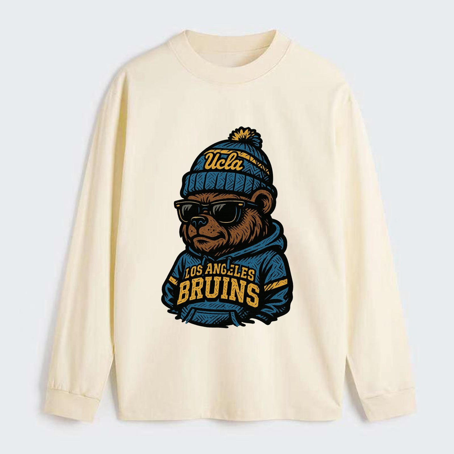 Los Angeles Bruin wearing UCLA beanie with script patch - Classic Long Sleeve Shirt - Beige