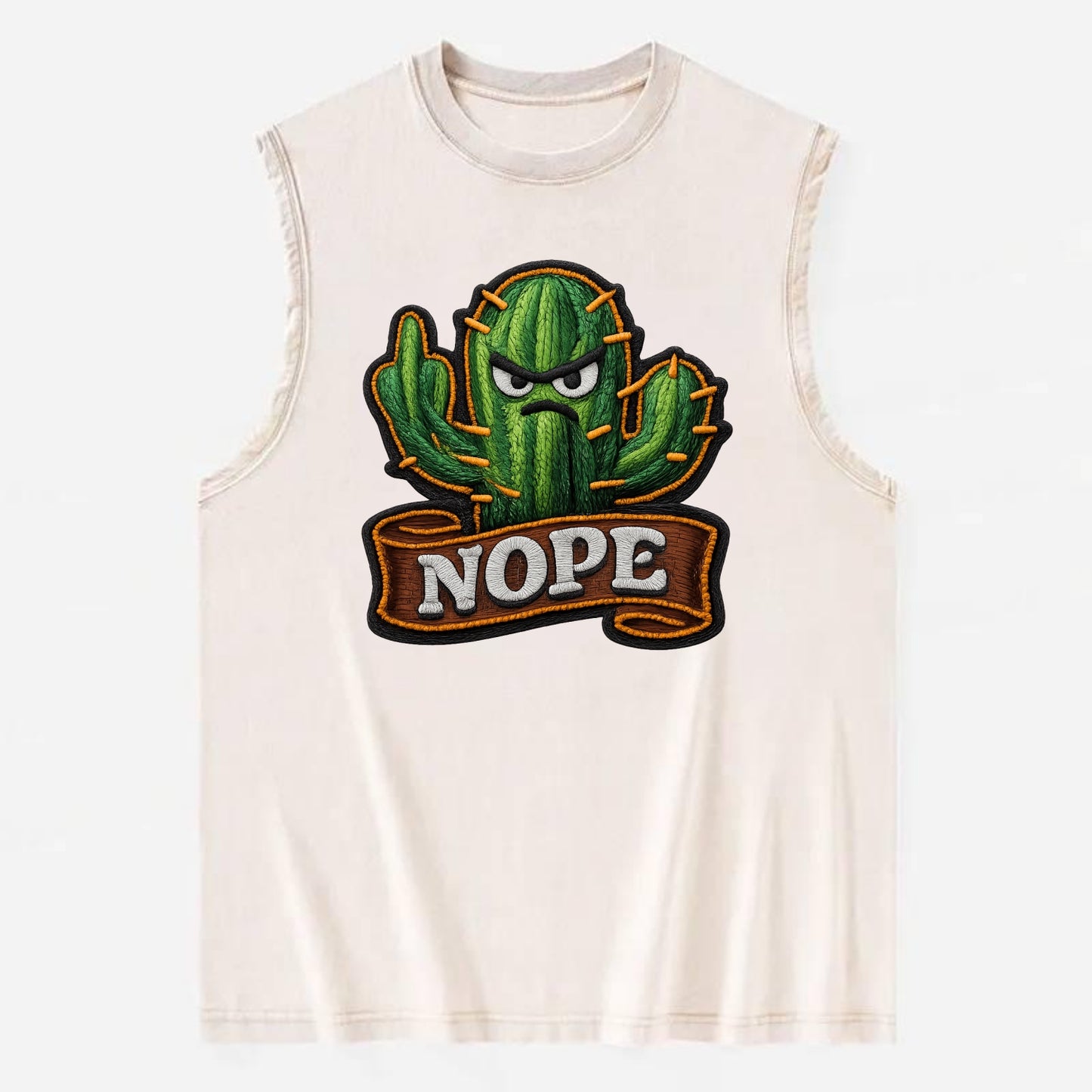 NOPE CACTUS - cactus with attitude in green , prickly personality - Vintage Washed Tank - Beige