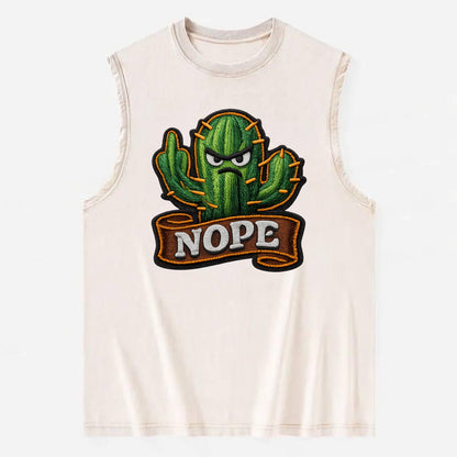 NOPE CACTUS - cactus with attitude in green , prickly personality - Vintage Washed Tank - Beige