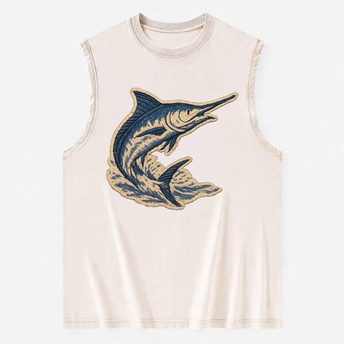 SWORDFISH MARLIN - leaping marlin in blue and silver , sport fishing - Vintage Washed Tank - Beige