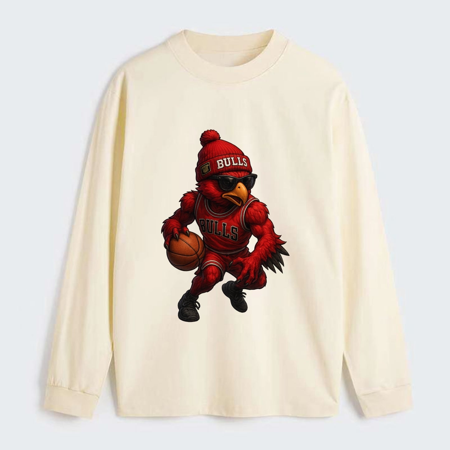 Windy City Hawk wearing Bulls beanie with six rings patch and wayfarer - Classic Long Sleeve Shirt - Beige