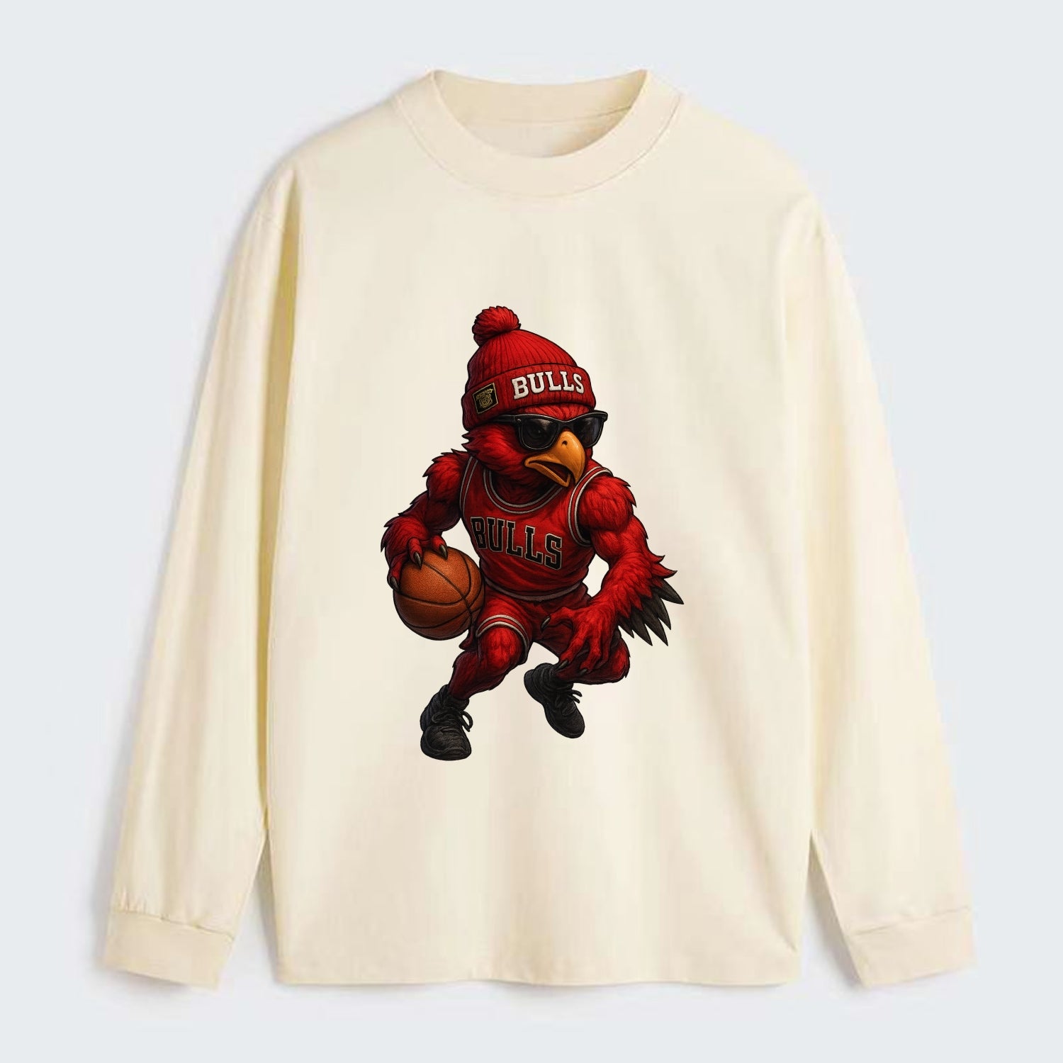 Windy City Hawk wearing Bulls beanie with six rings patch and wayfarer - Classic Long Sleeve Shirt - Beige