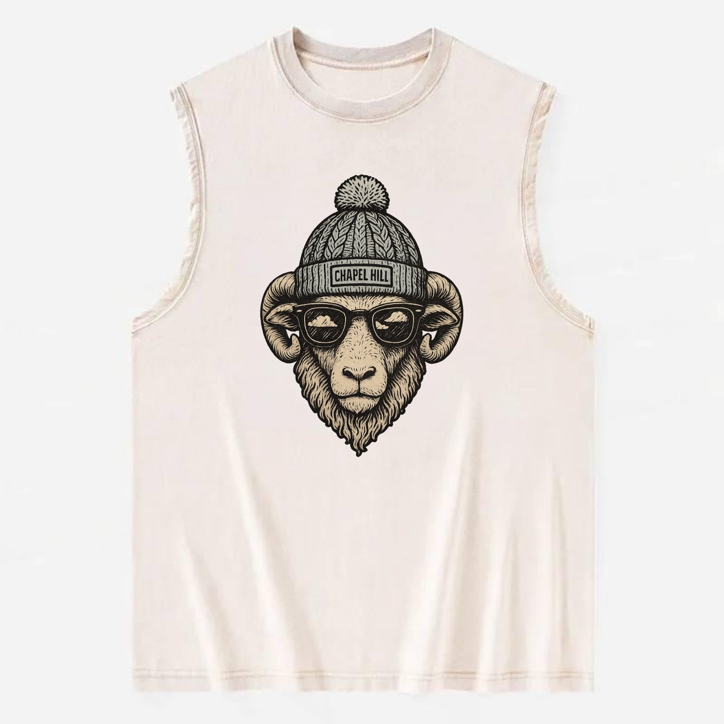 Chapel Hill Tar Heel Ram wearing UNC bea - Vintage Washed Tank - Beige