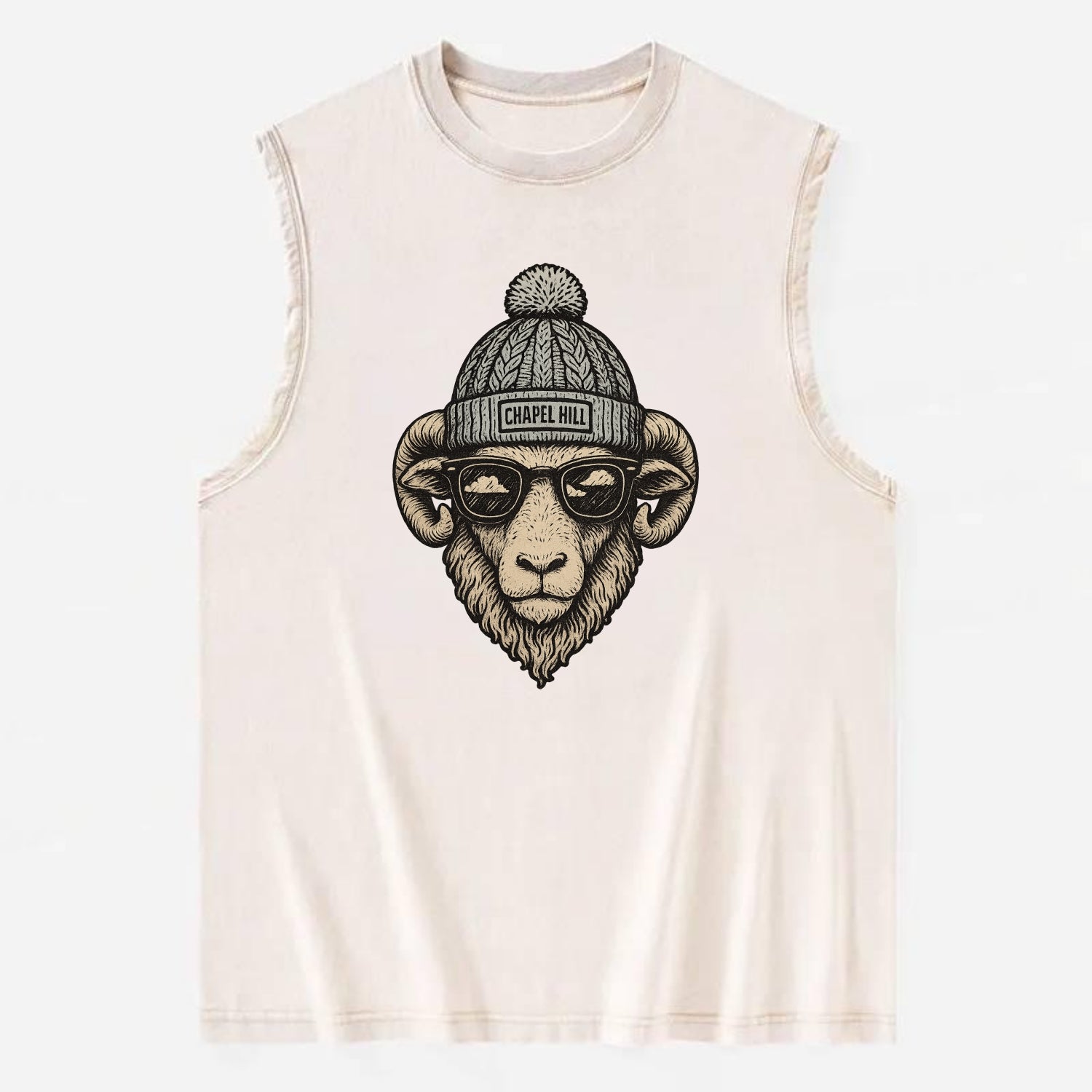 Chapel Hill Tar Heel Ram wearing UNC bea - Vintage Washed Tank - Beige