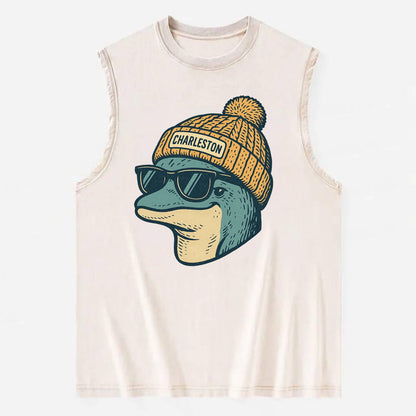 Charleston Dolphin wearing Charleston beanie with pom pom and wayfarer - Vintage Washed Tank - Beige
