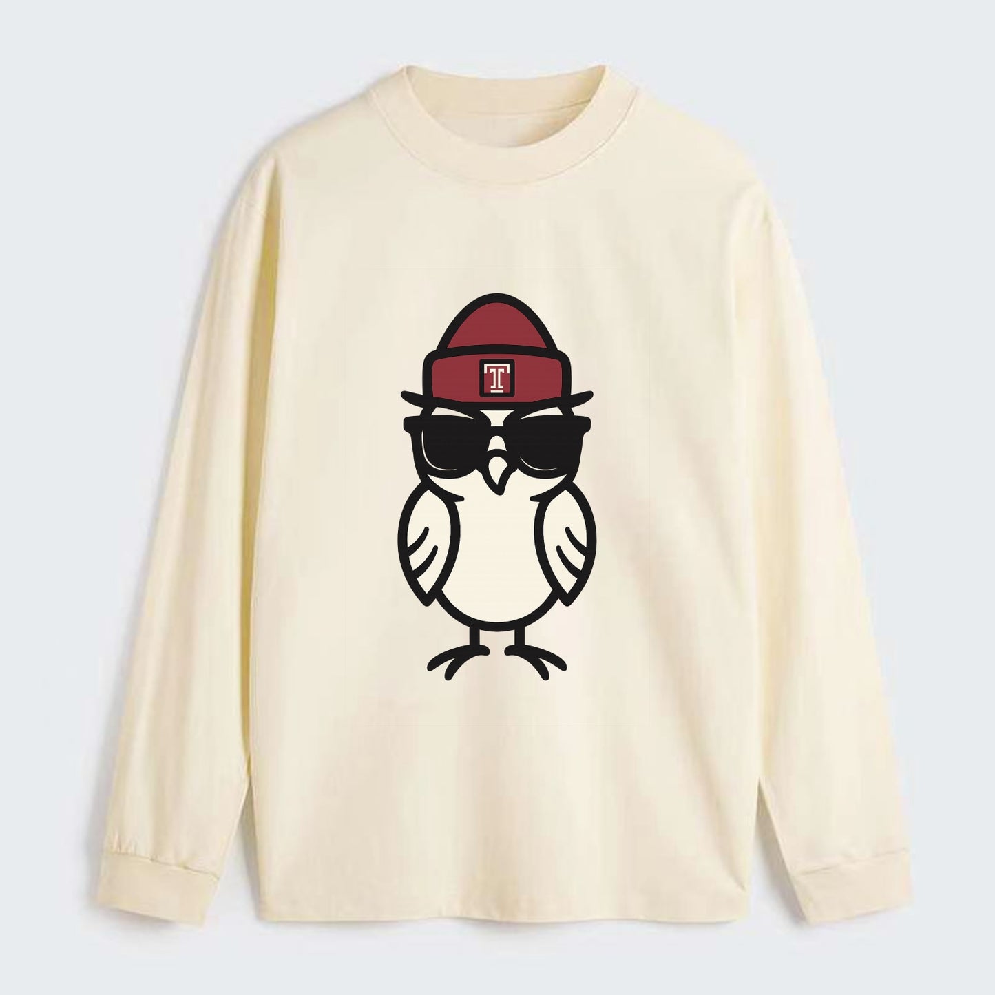 Philadelphia Owl wearing Temple beanie with T patch - Classic Long Sleeve Shirt - Beige