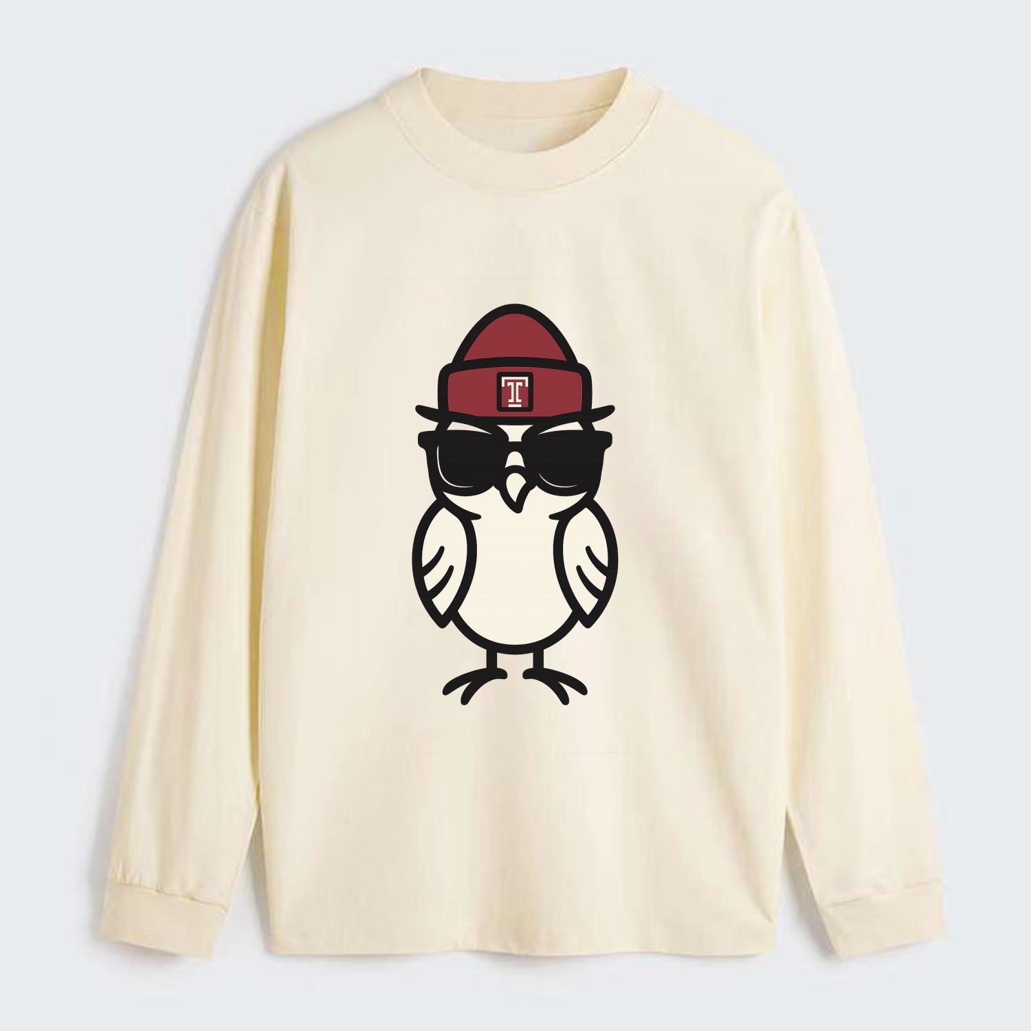 Philadelphia Owl wearing Temple beanie with T patch - Classic Long Sleeve Shirt - Beige