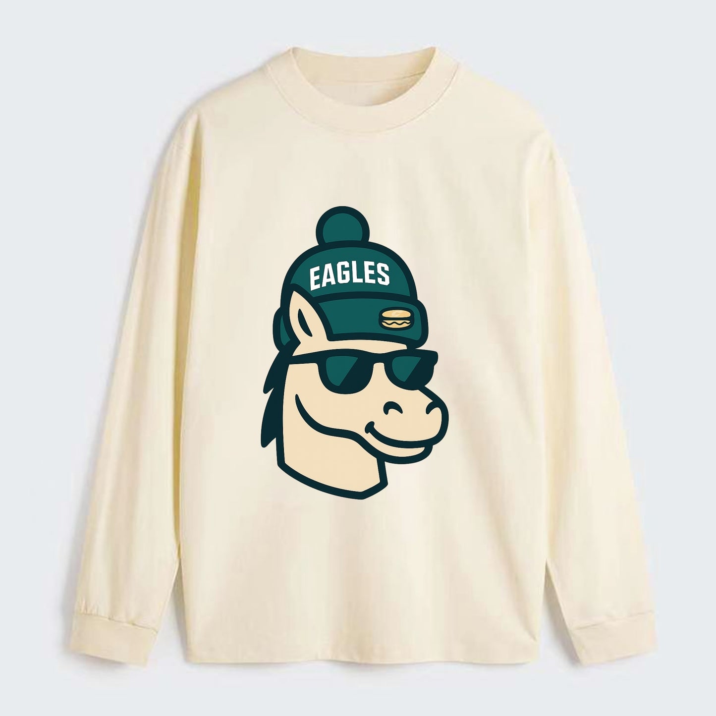 Philadelphia Horse wearing Eagles beanie with cheesesteak patch and - Classic Long Sleeve Shirt - Beige