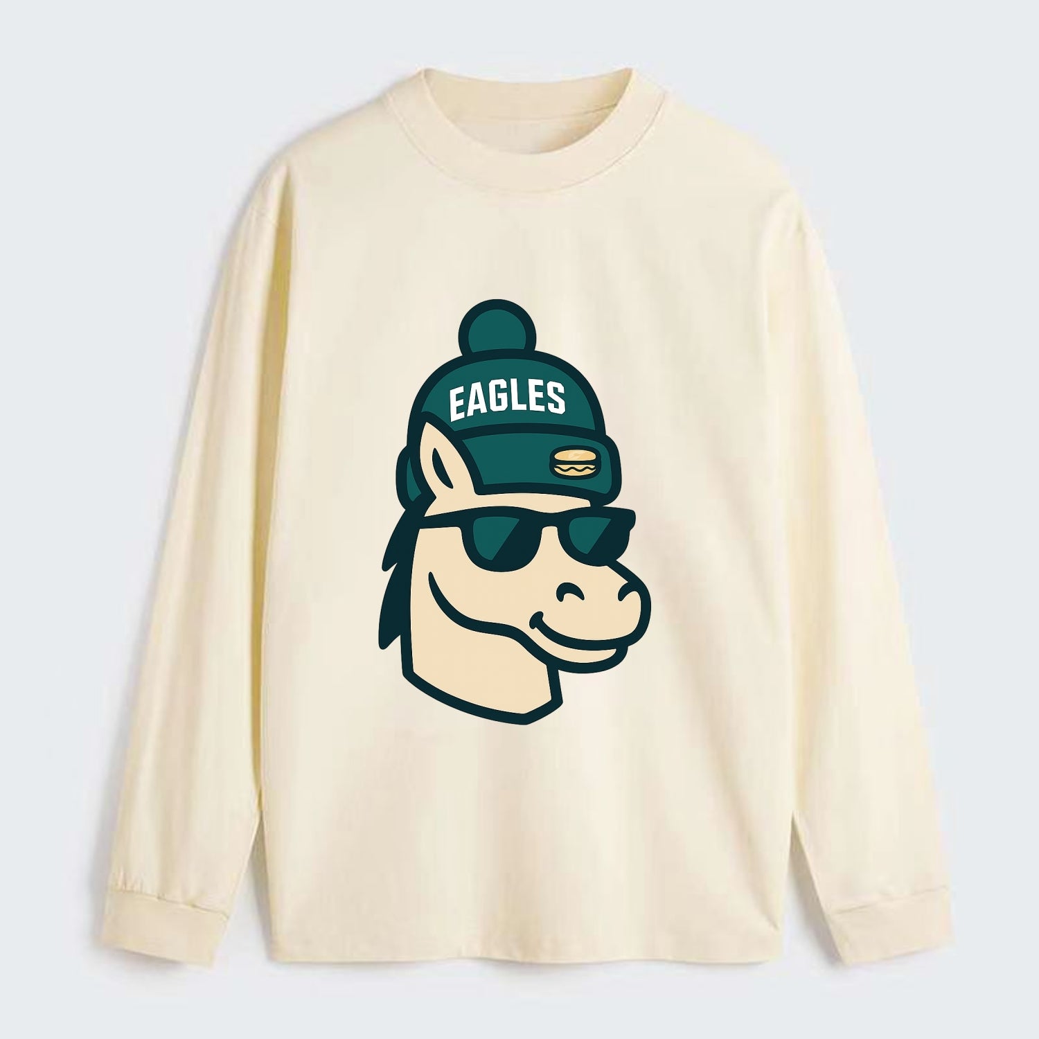 Philadelphia Horse wearing Eagles beanie with cheesesteak patch and - Classic Long Sleeve Shirt - Beige