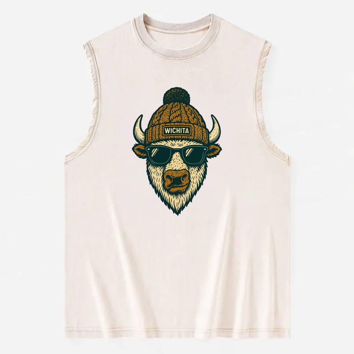 Kansas American Bison wearing Wichita beanie with pom pom and wayfarer - Vintage Washed Tank - Beige