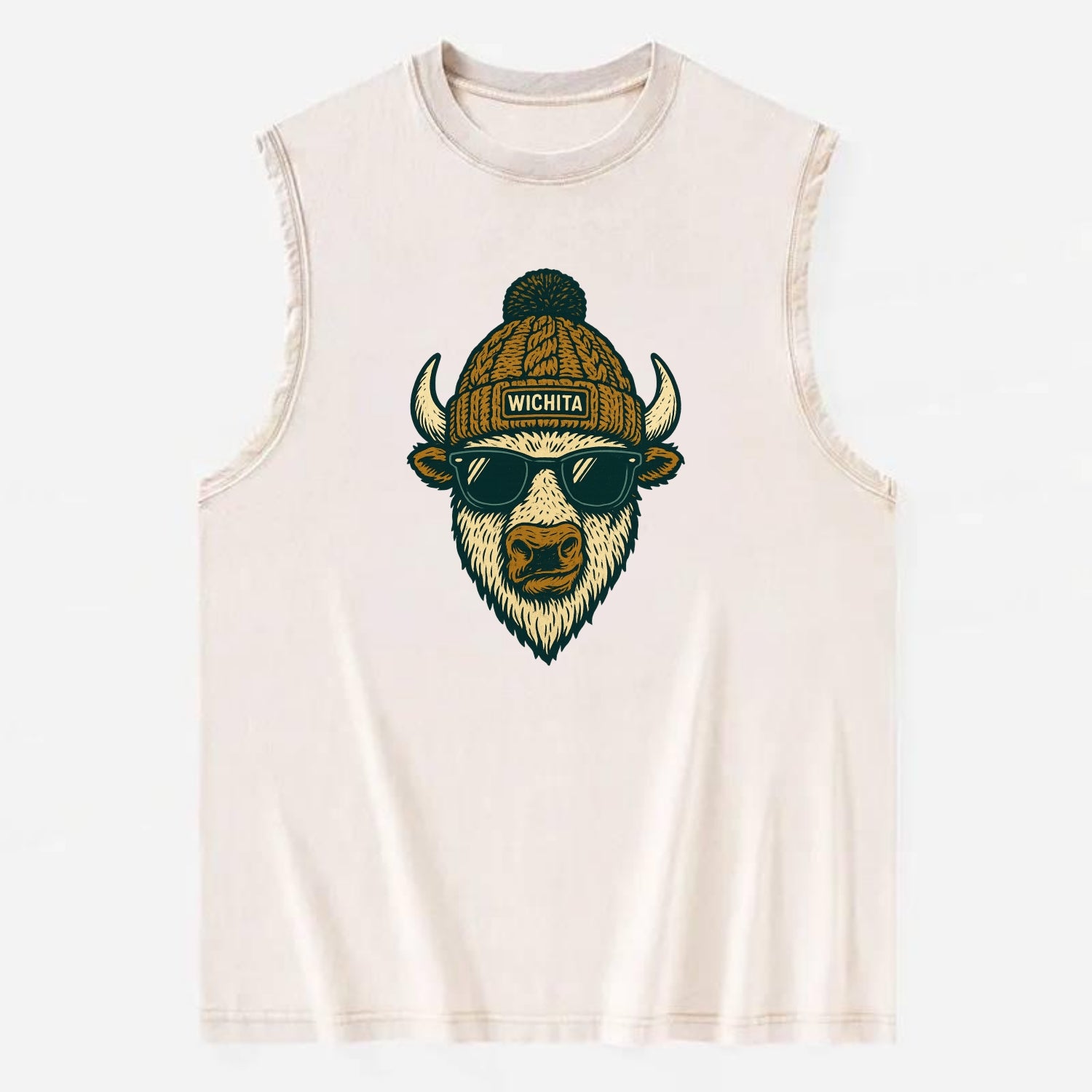 Kansas American Bison wearing Wichita beanie with pom pom and wayfarer - Vintage Washed Tank - Beige